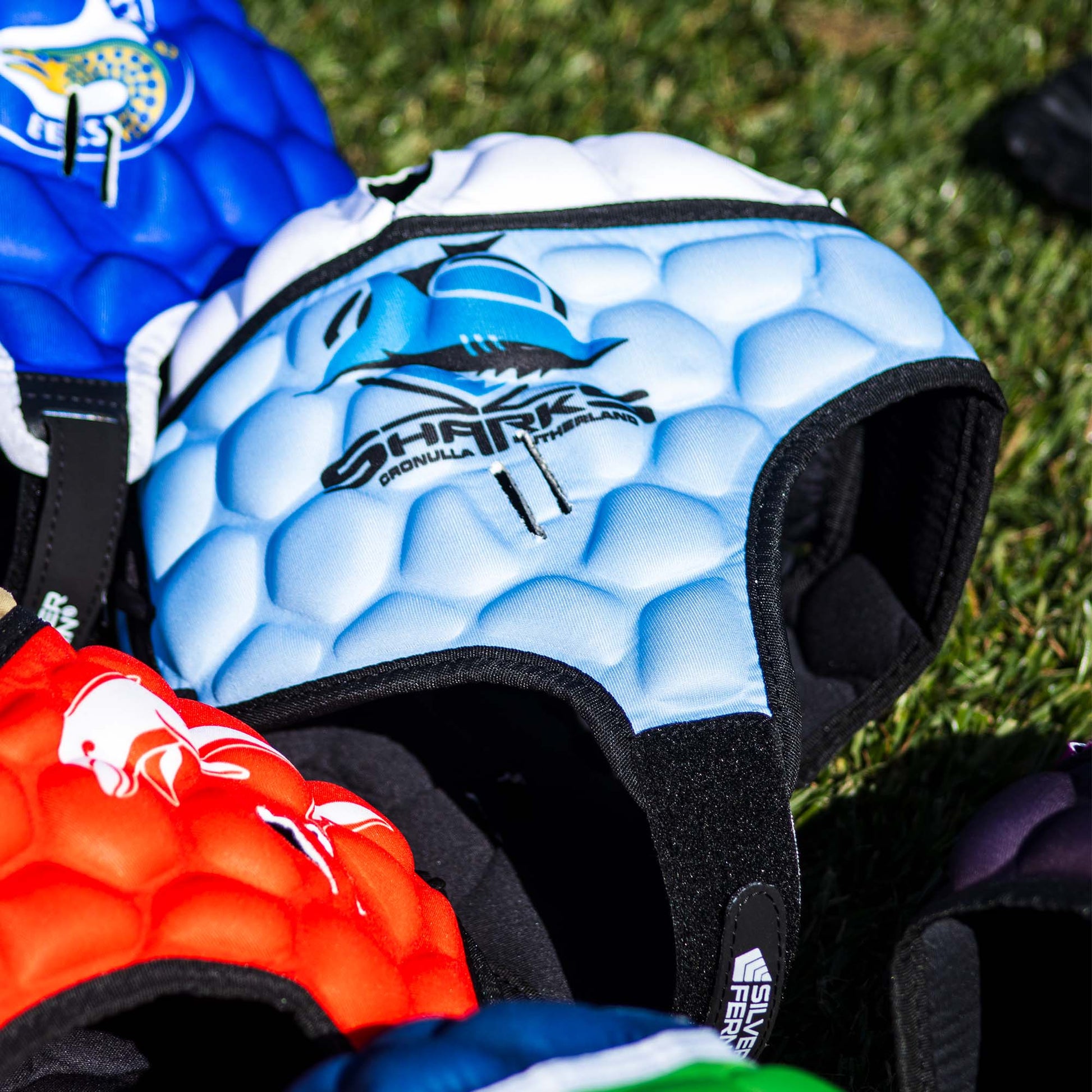 Official NRL Headgear, Cronulla-Sutherland Sharks, lifestyle image, close up.
