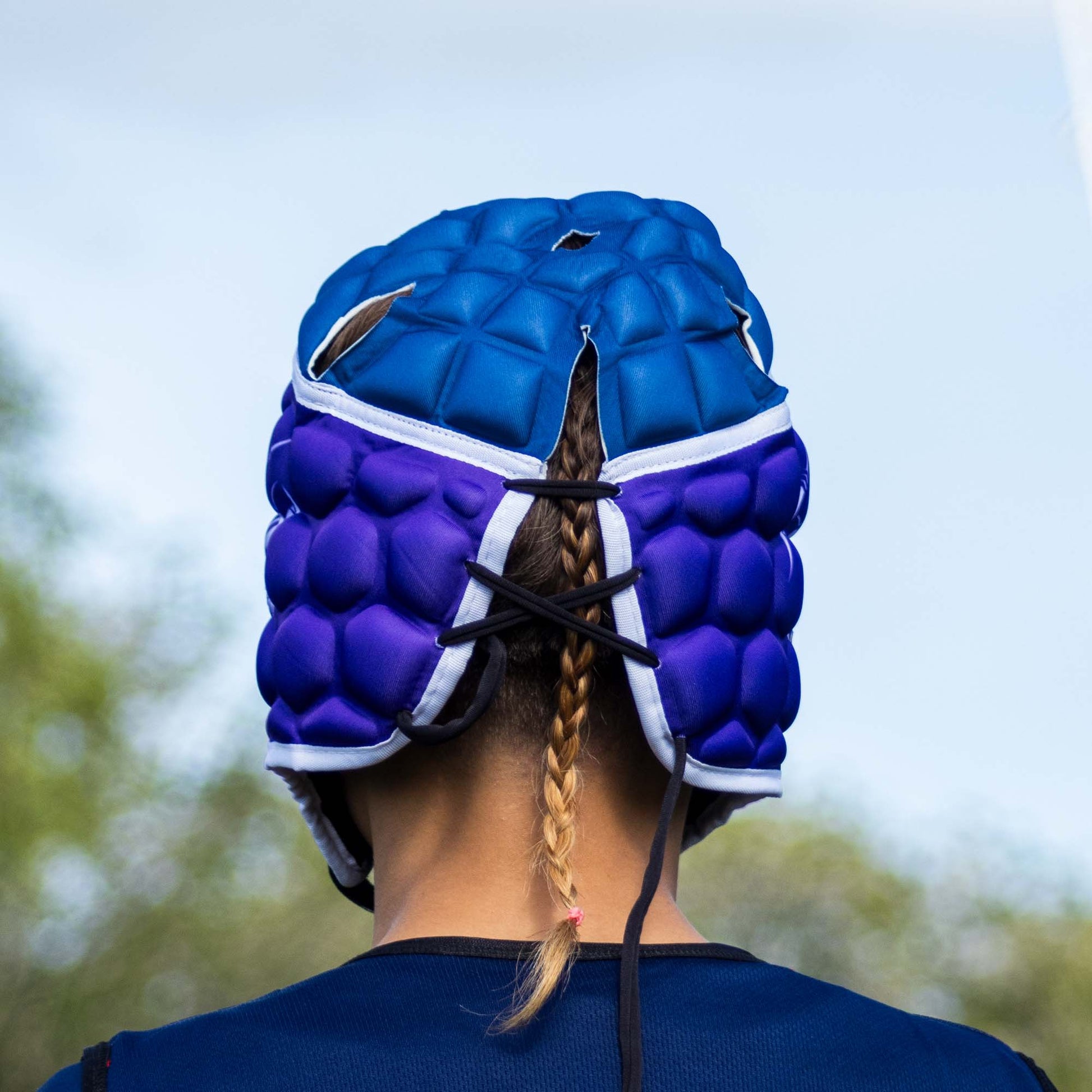Official NRL Headgear, Melbourne Storm, lifestyle image, back.