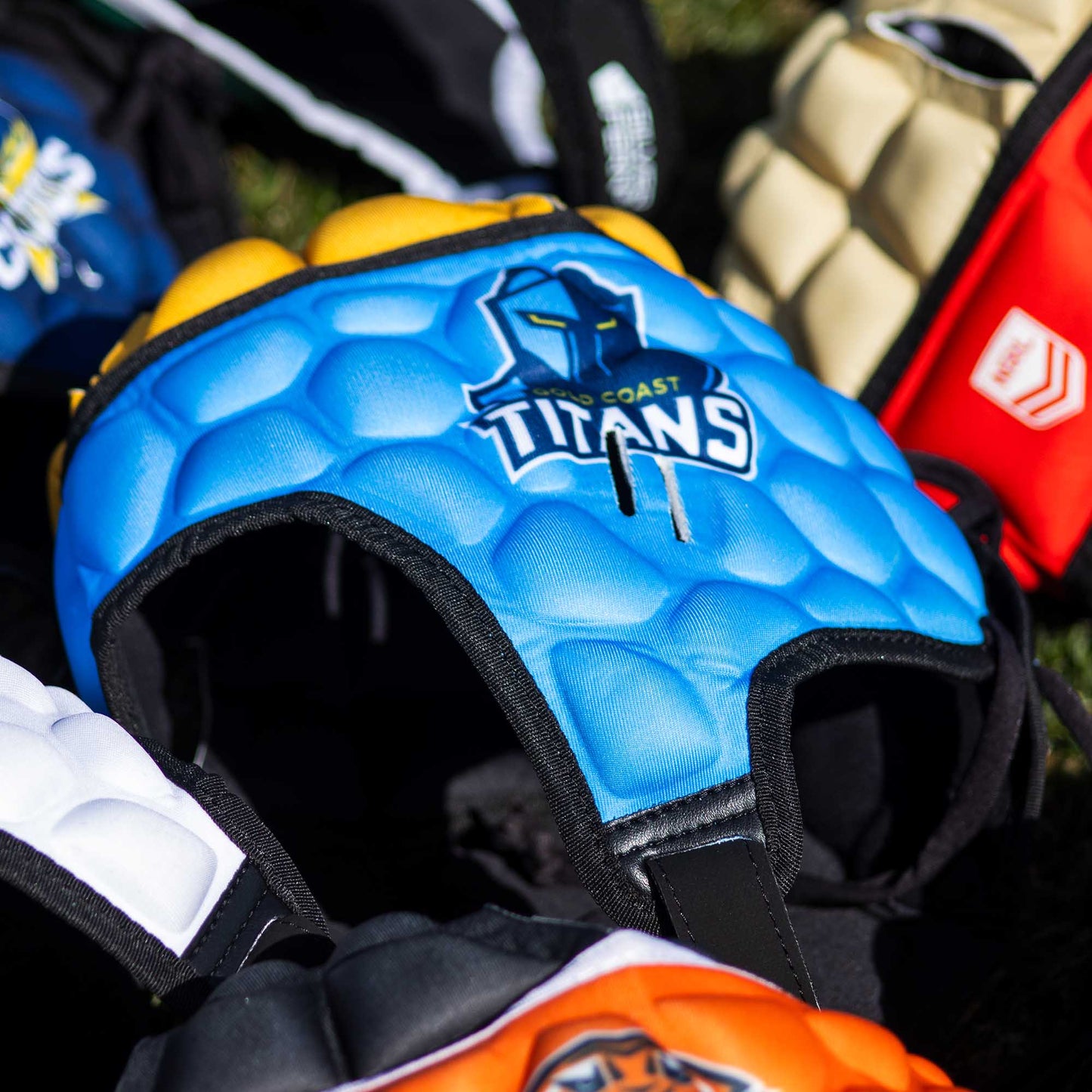 Official NRL Headgear, Gold Coast Titans, lifestyle image, close up.