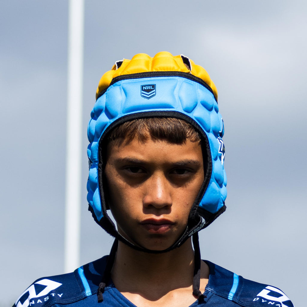 Official NRL Headgear, Gold Coast Titans, lifestyle image, front.