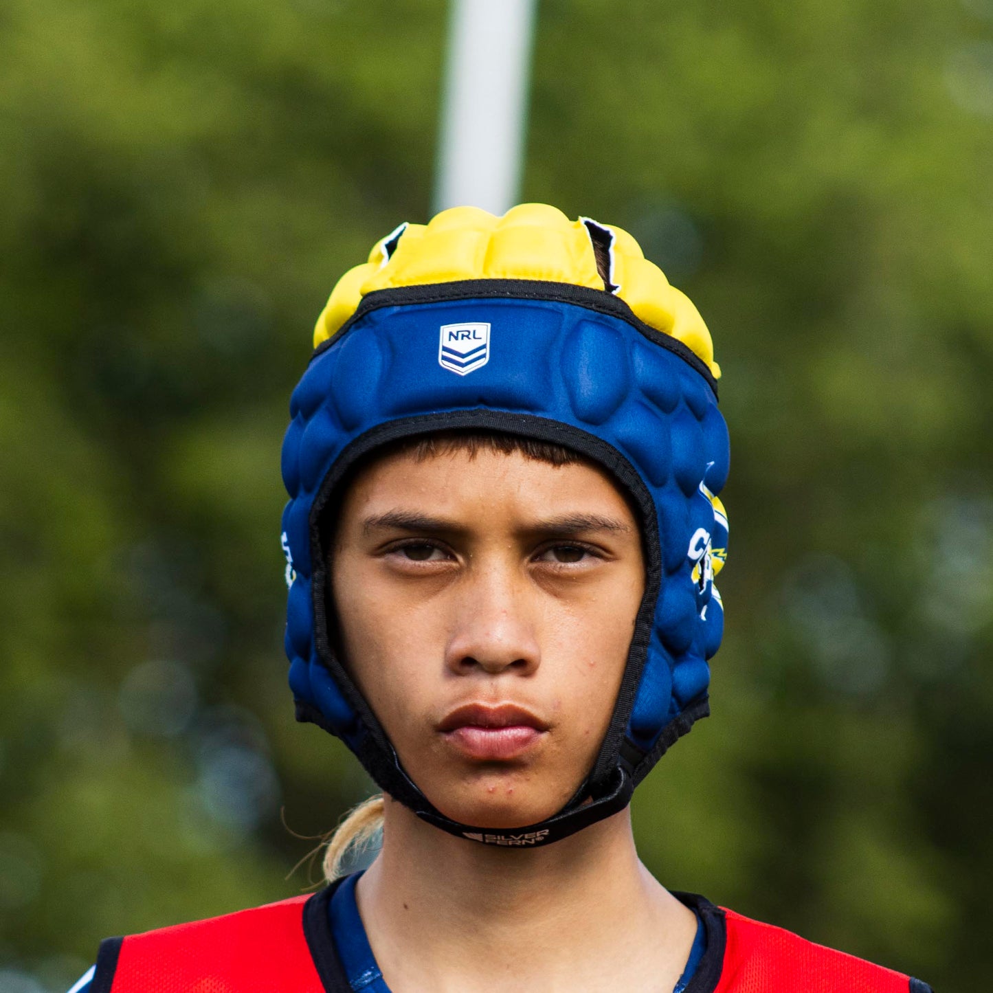 Official NRL Headgear, North Queensland Cowboys, lifestyle image, front.