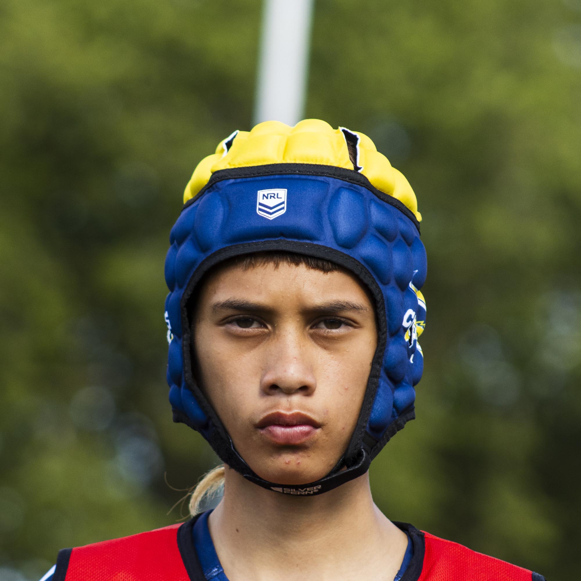 Official NRL Headgear, North Queensland Cowboys, lifestyle image, front.