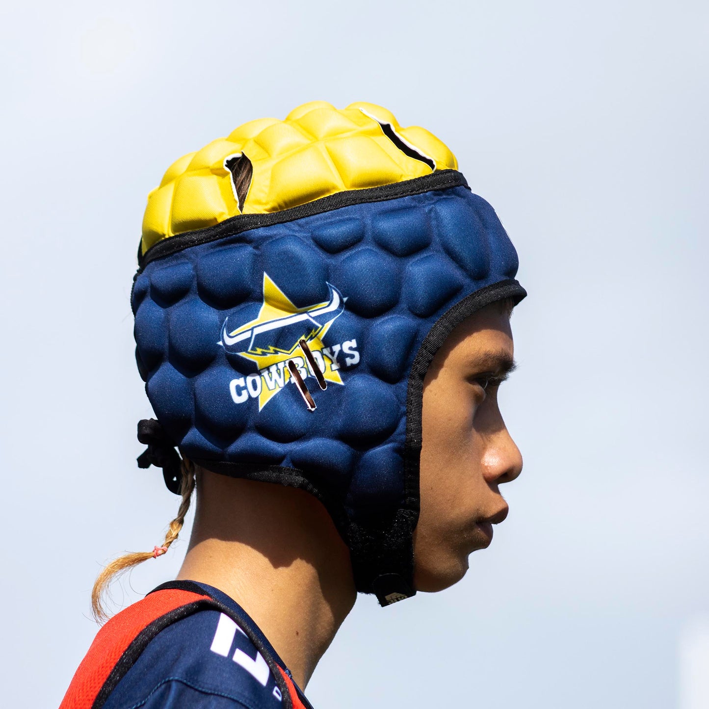 Official NRL Headgear, North Queensland Cowboys, lifestyle image, front.