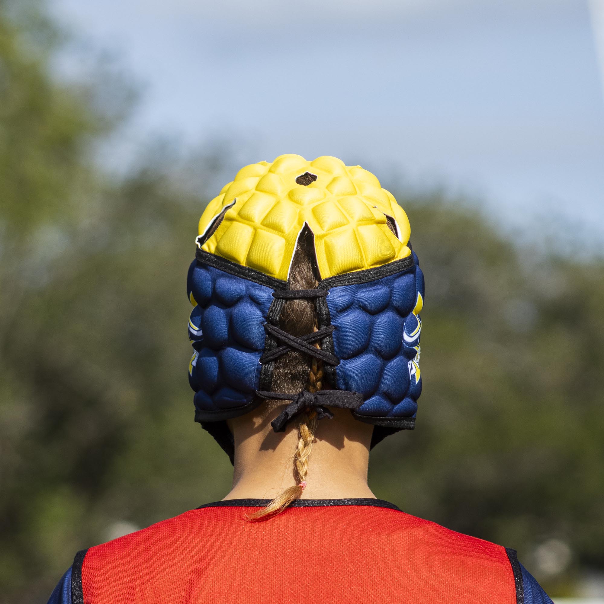 Official NRL Headgear, North Queensland Cowboys, lifestyle image, back.