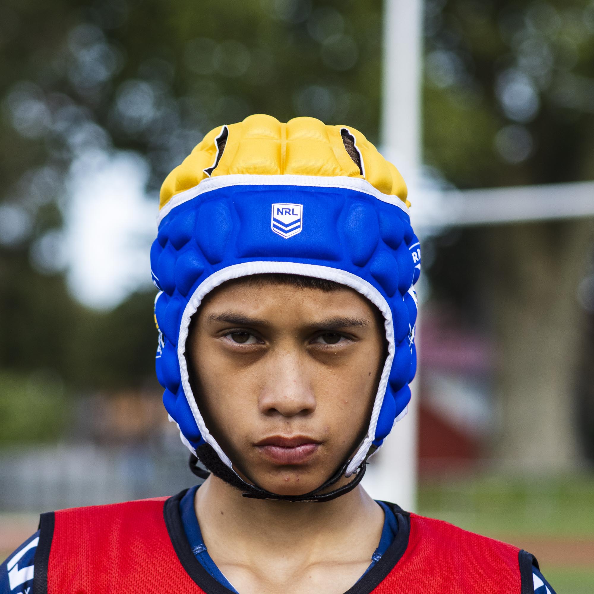Official NRL Headgear, Parramatta Eels, lifestyle image, front.