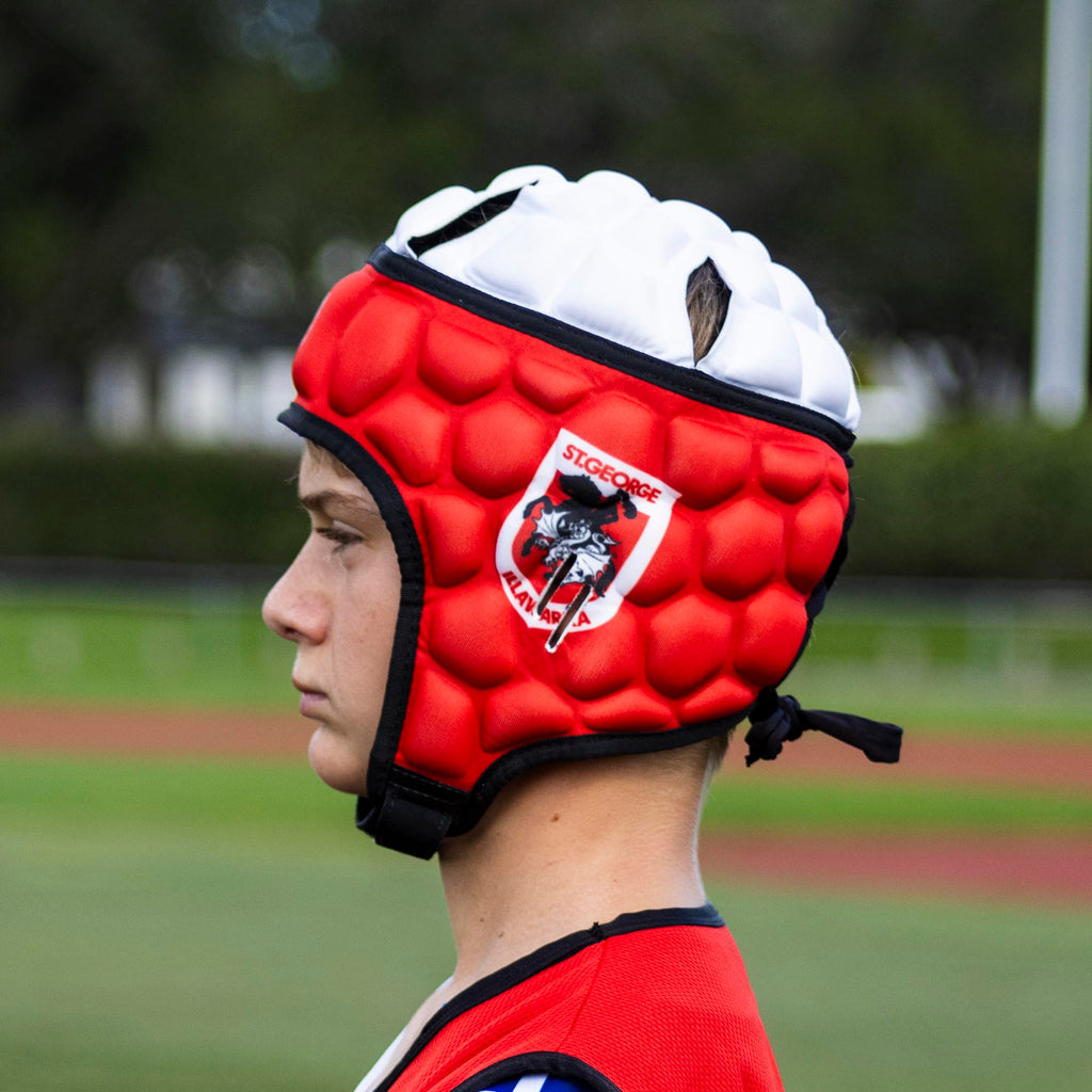 Official NRL Headgear, St. George Illawarra Dragons, lifestyle image, side.