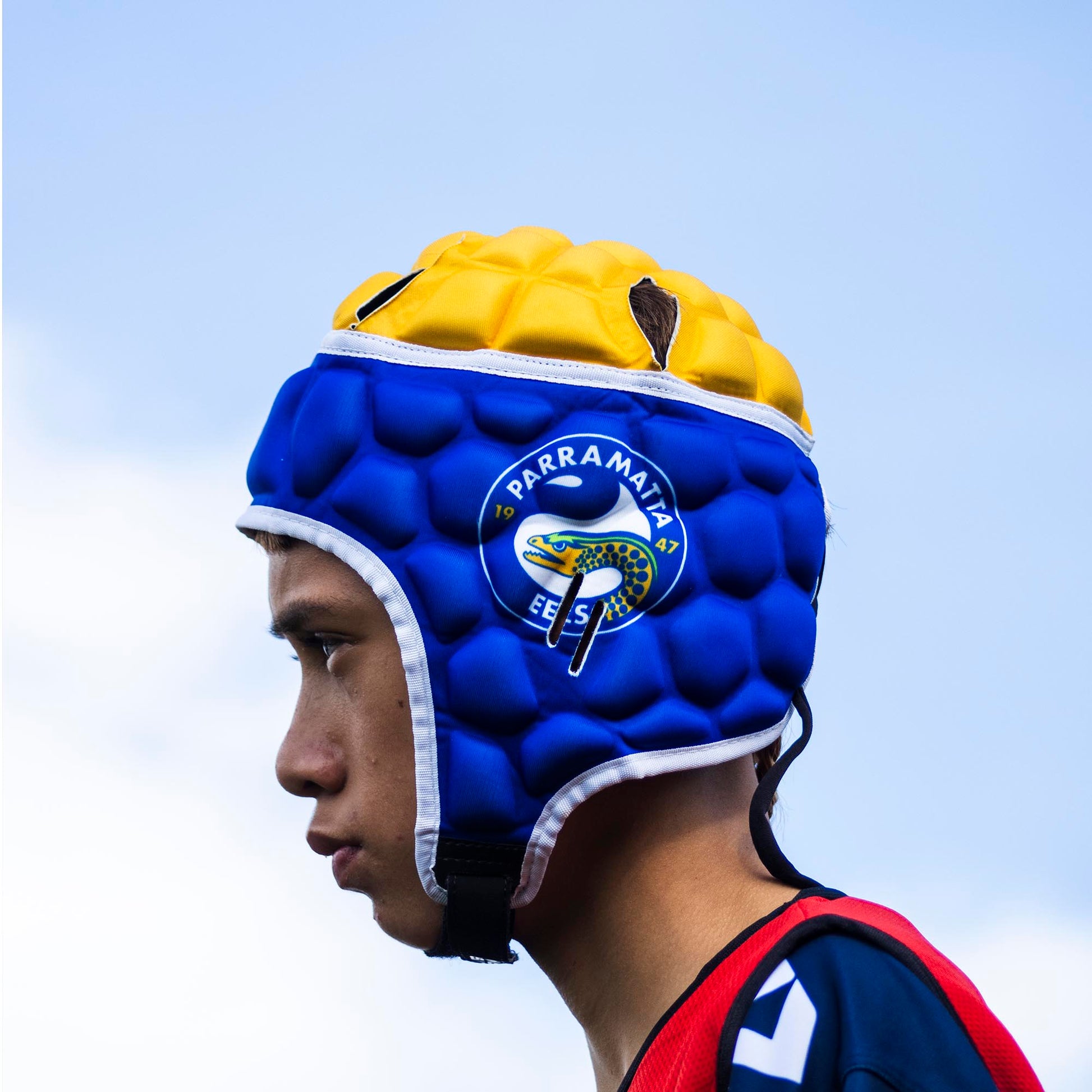 Official NRL Headgear, Parramatta Eels, lifestyle image, side.