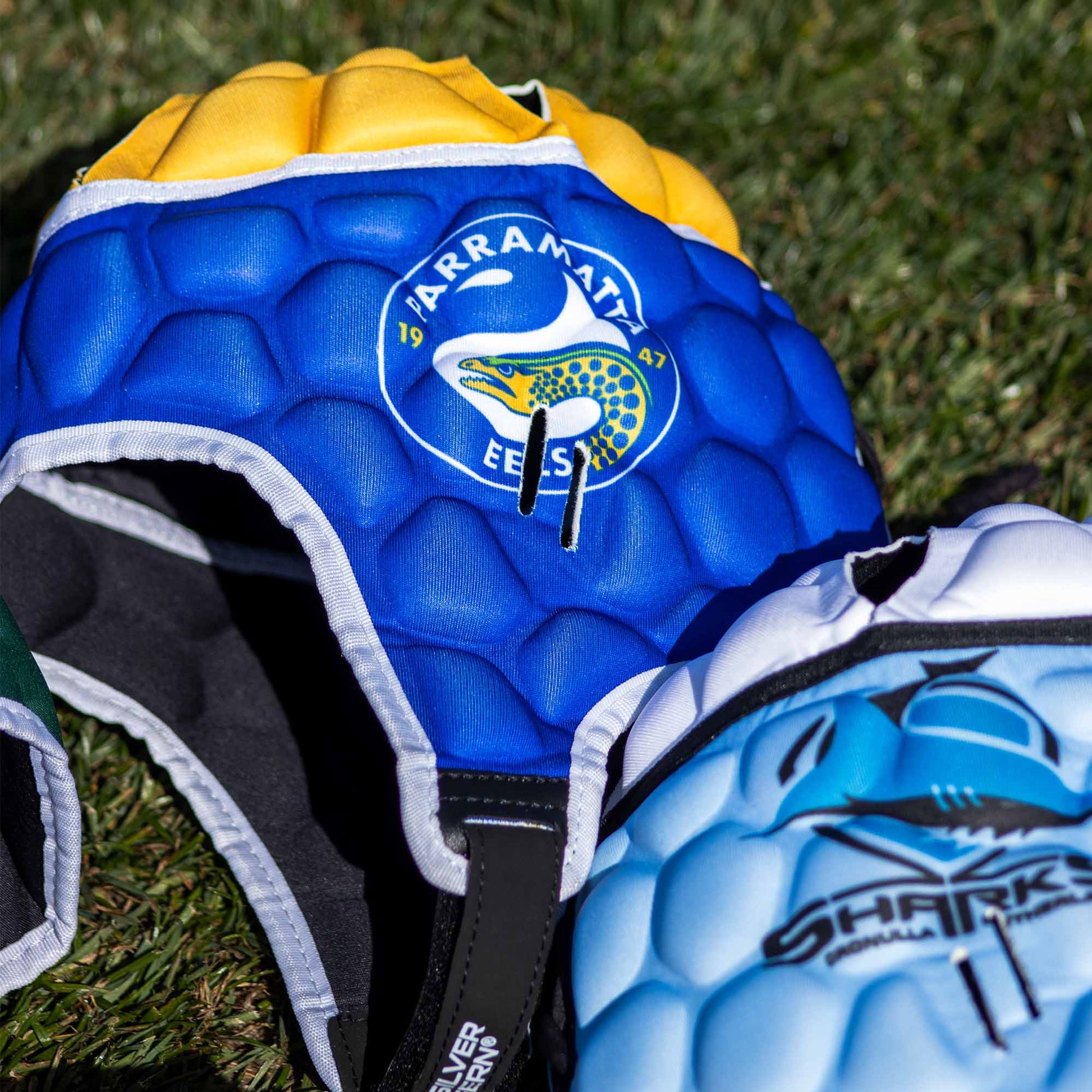 Official NRL Headgear, Parramatta Eels, lifestyle image, close up.