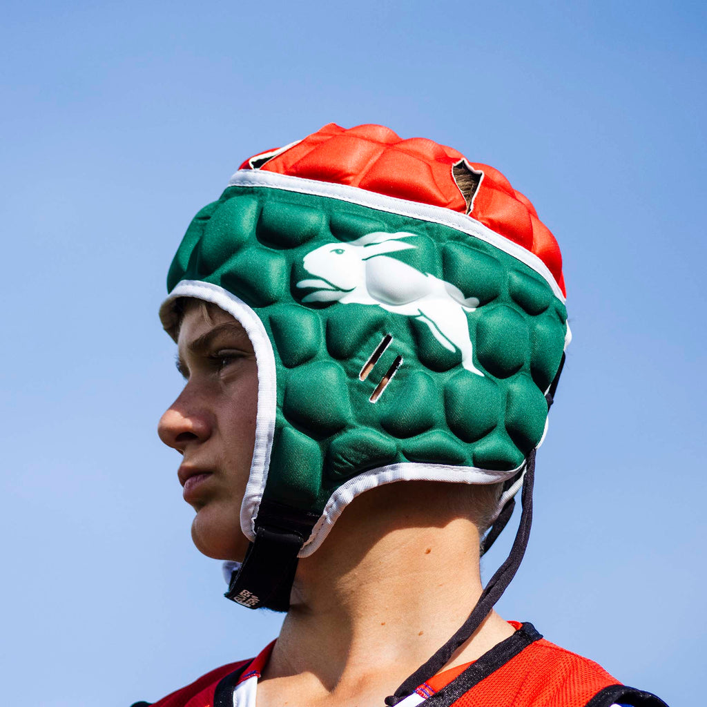 Official NRL Headgear, South Sydney Rabbitohs, lifestyle image, side.