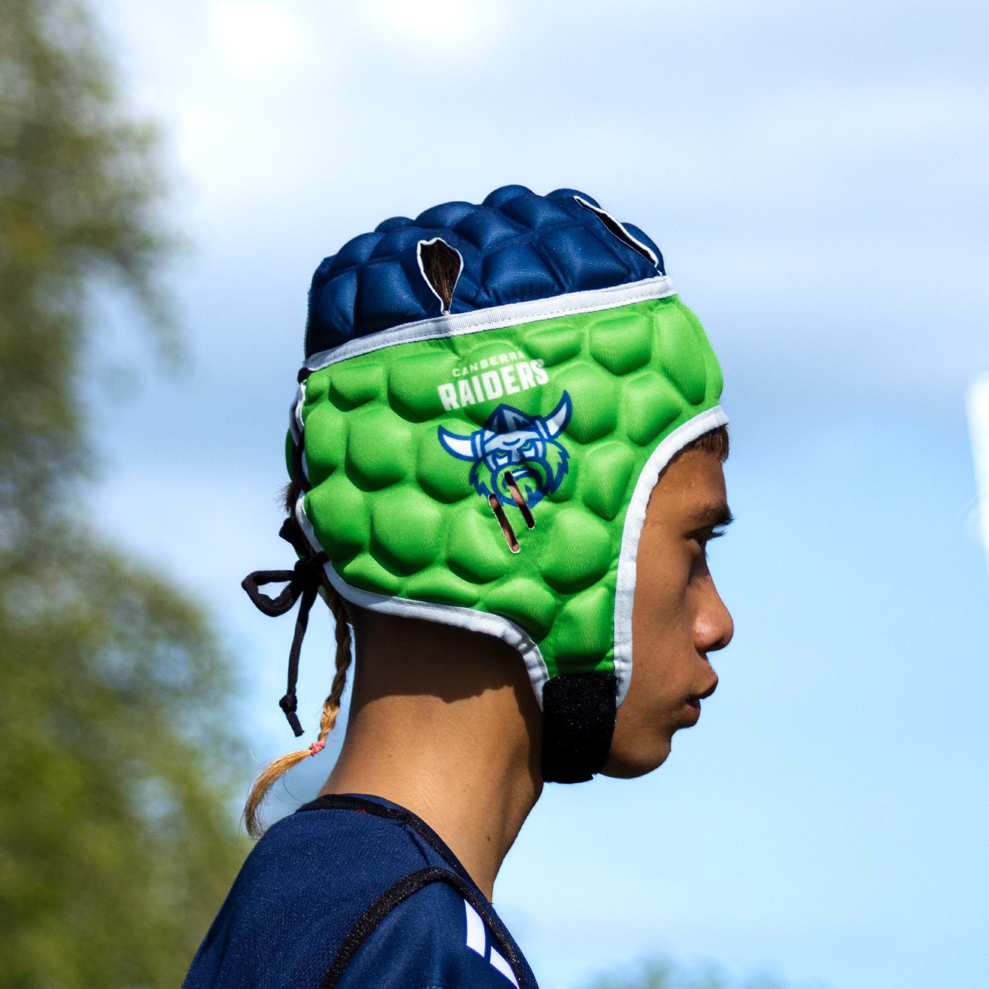 Official NRL Headgear, Canberra Raiders, lifestyle image, side.