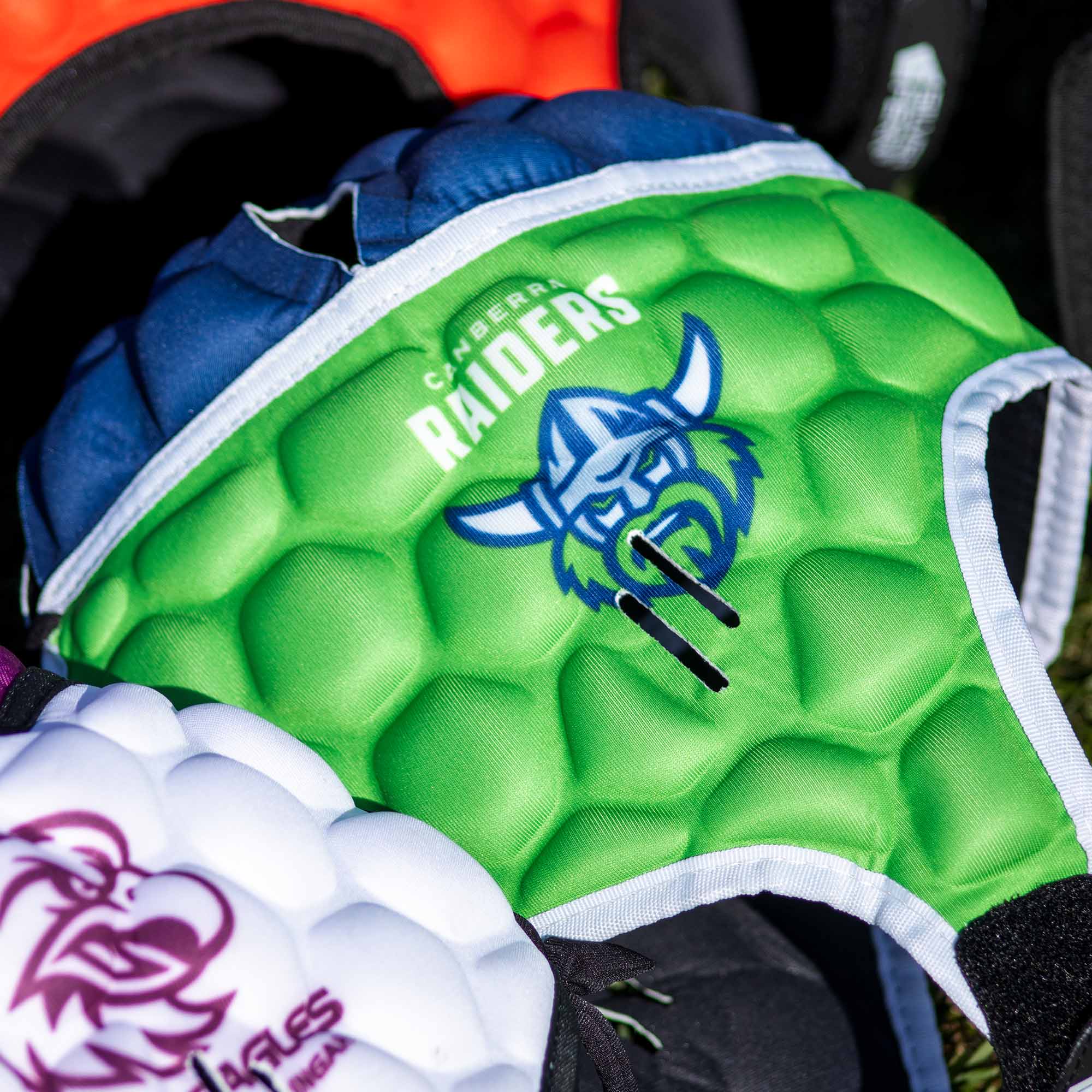 Official NRL Headgear, Canberra Raiders, lifestyle image, close up.