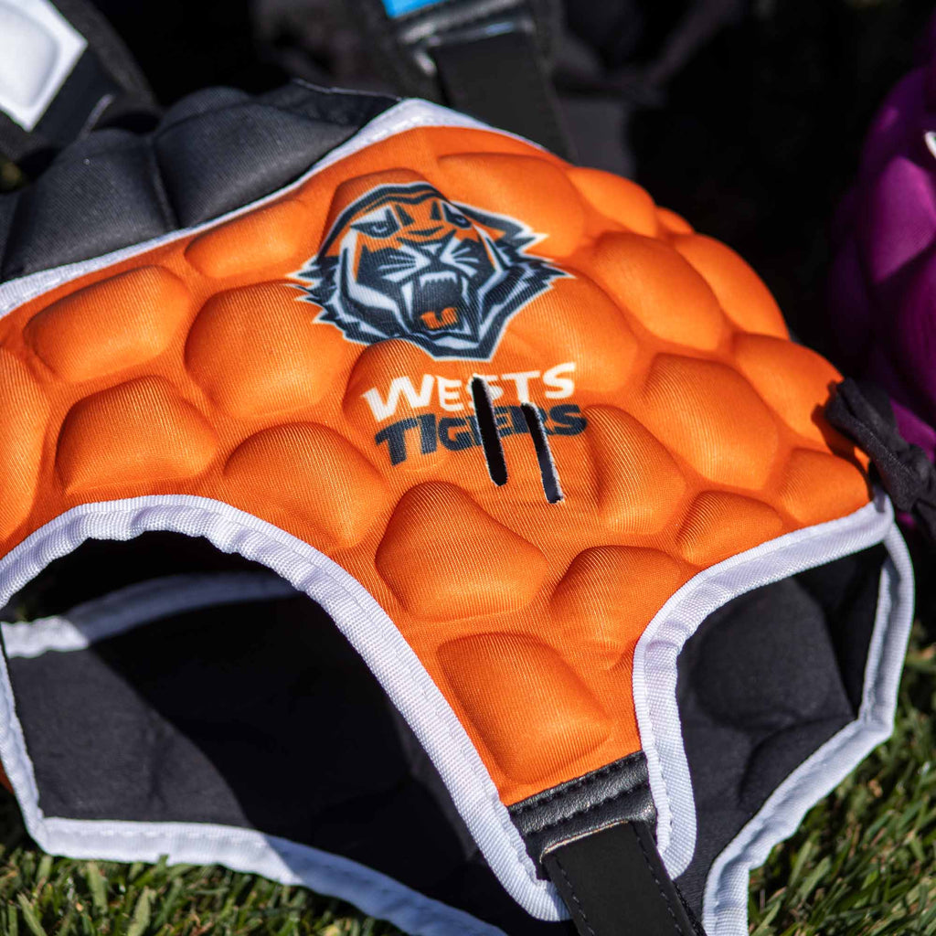 Official NRL Headgear, Wests Tigers, lifestyle image, close up.