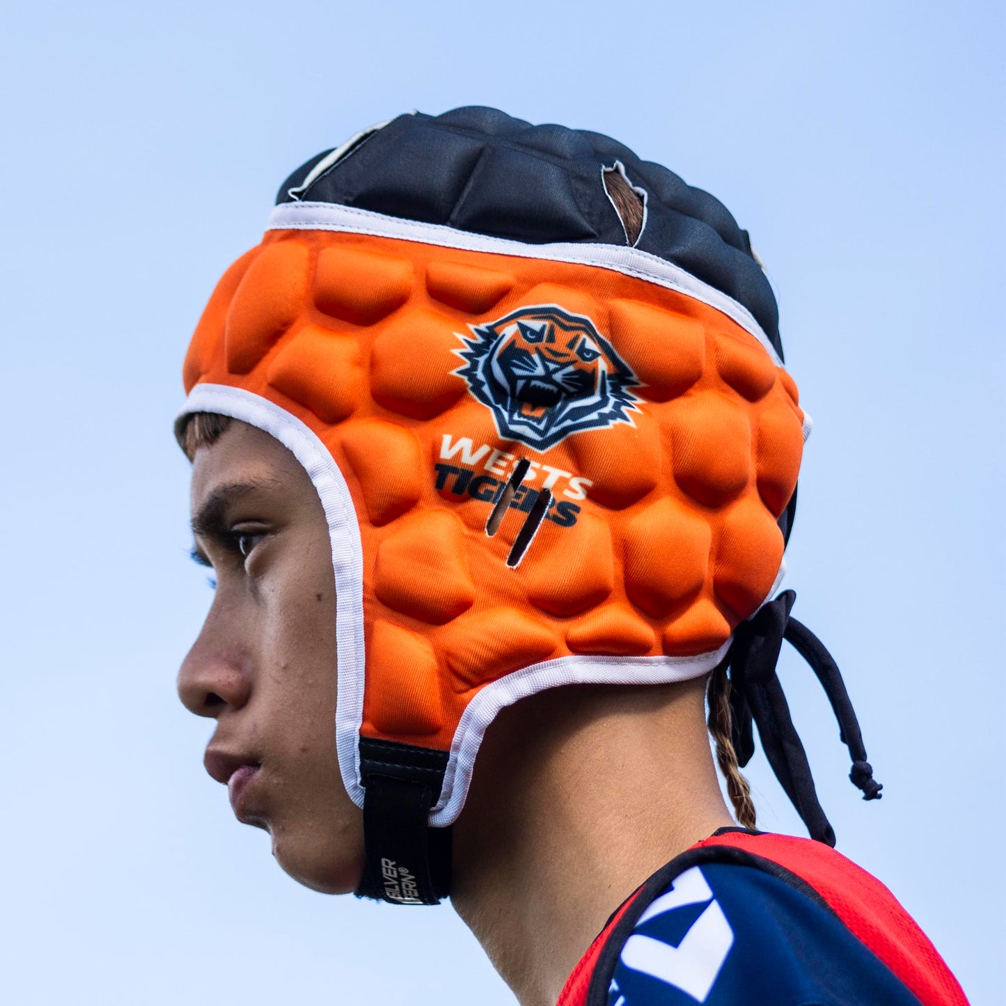 Official NRL Headgear, Wests Tigers, lifestyle image, side.