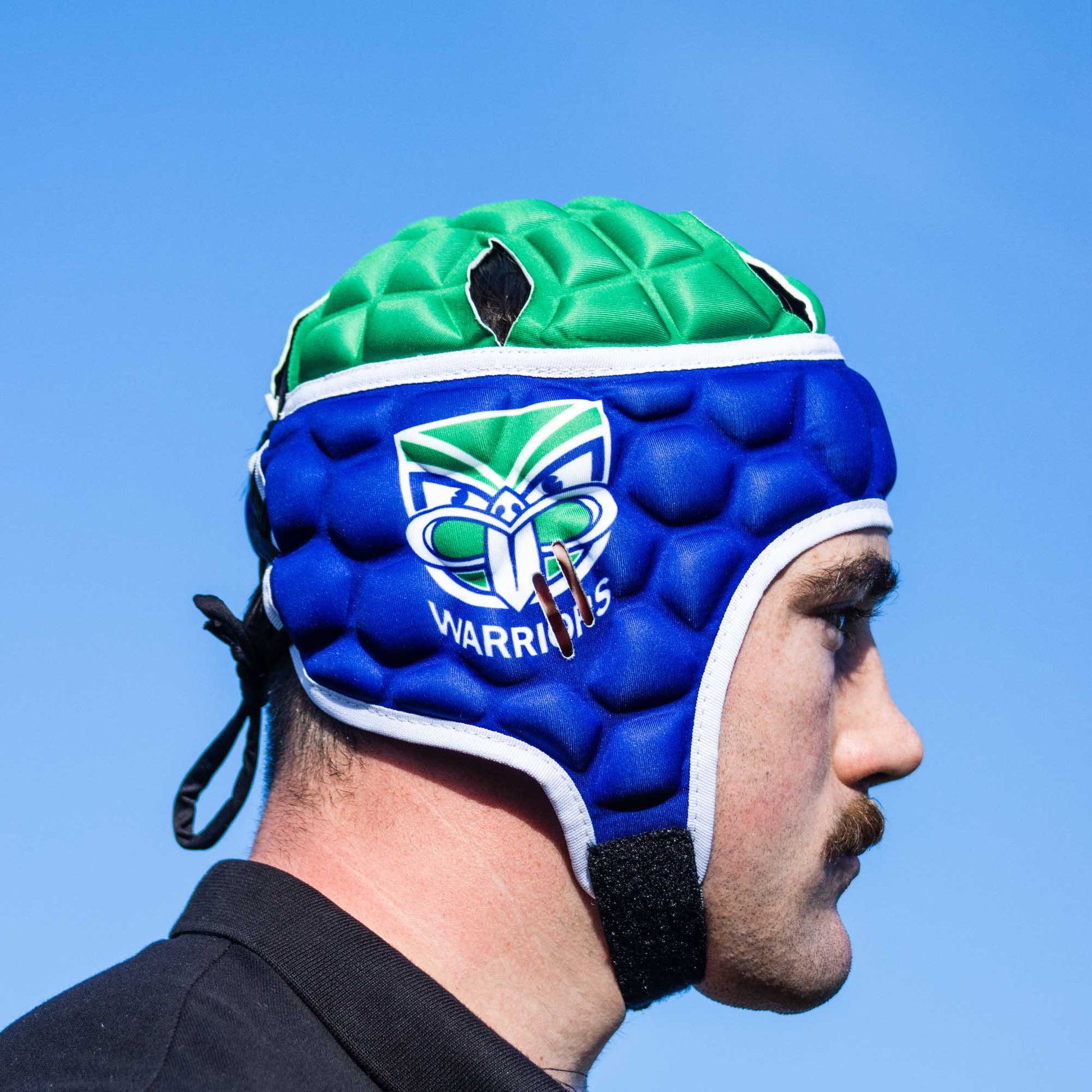 Official NRL Headgear, New Zealand Warriors, lifestyle image, side.