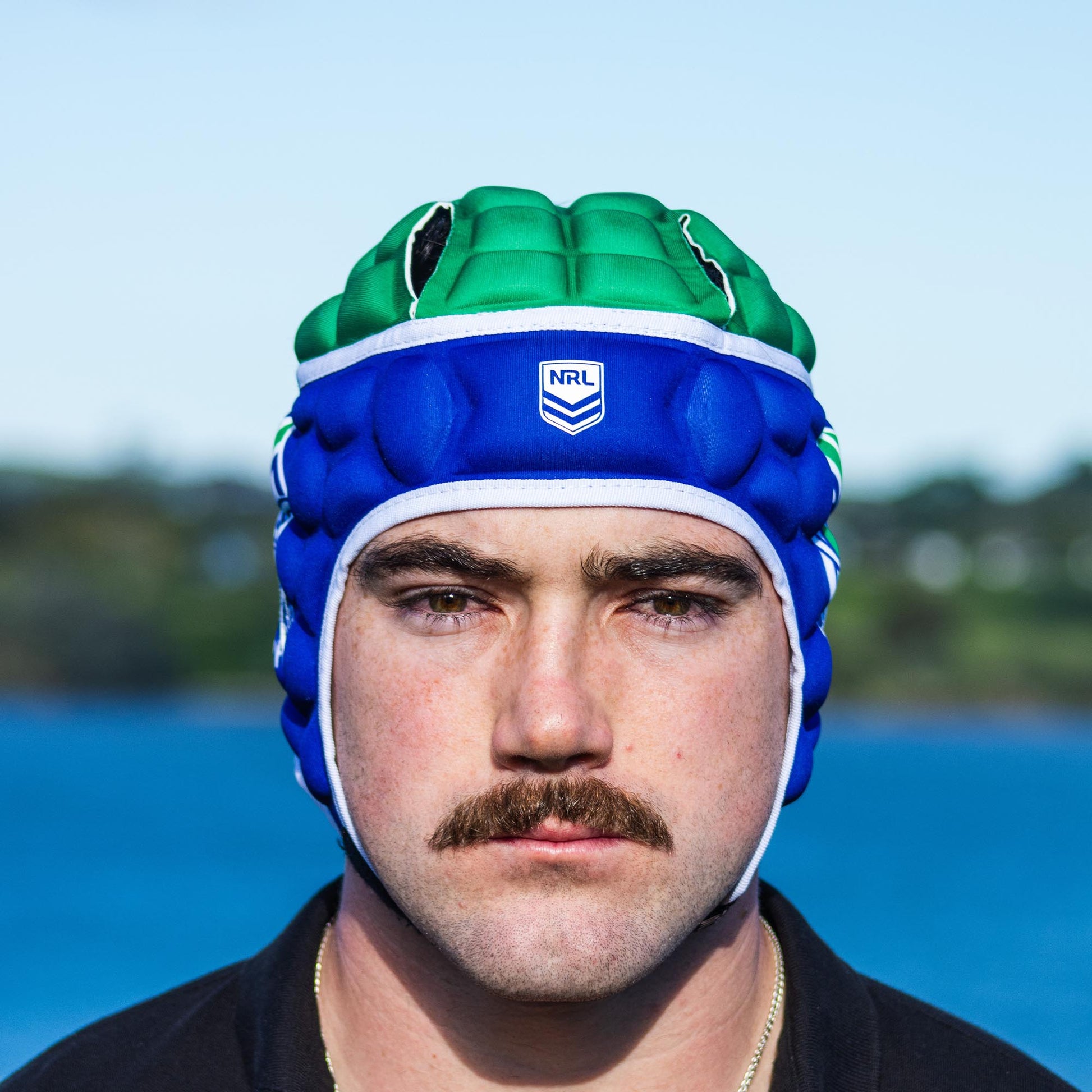 Official NRL Headgear, New Zealand Warriors, lifestyle image, front.