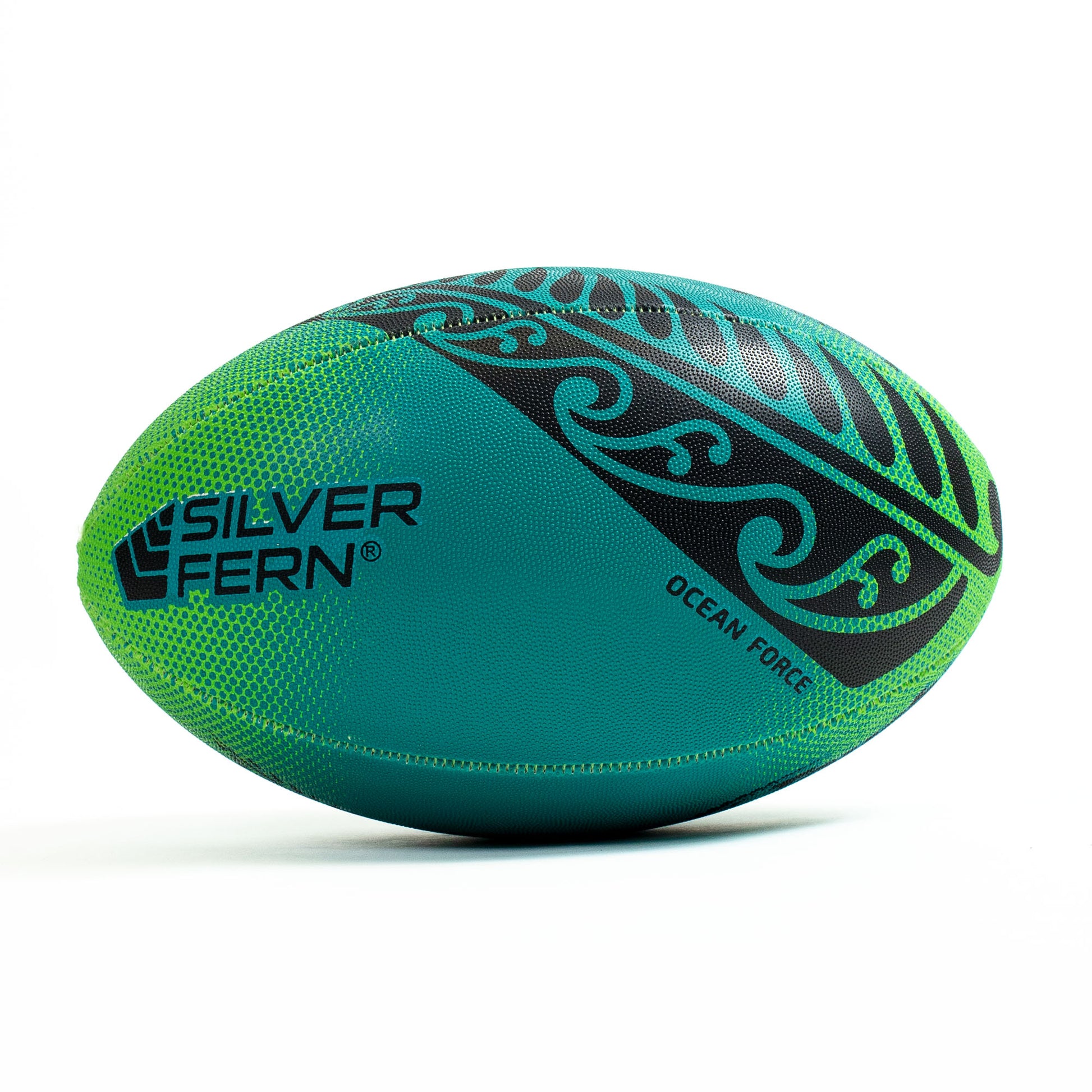 Green and blue rugby ball with 'Silver Fern' branding on a white background