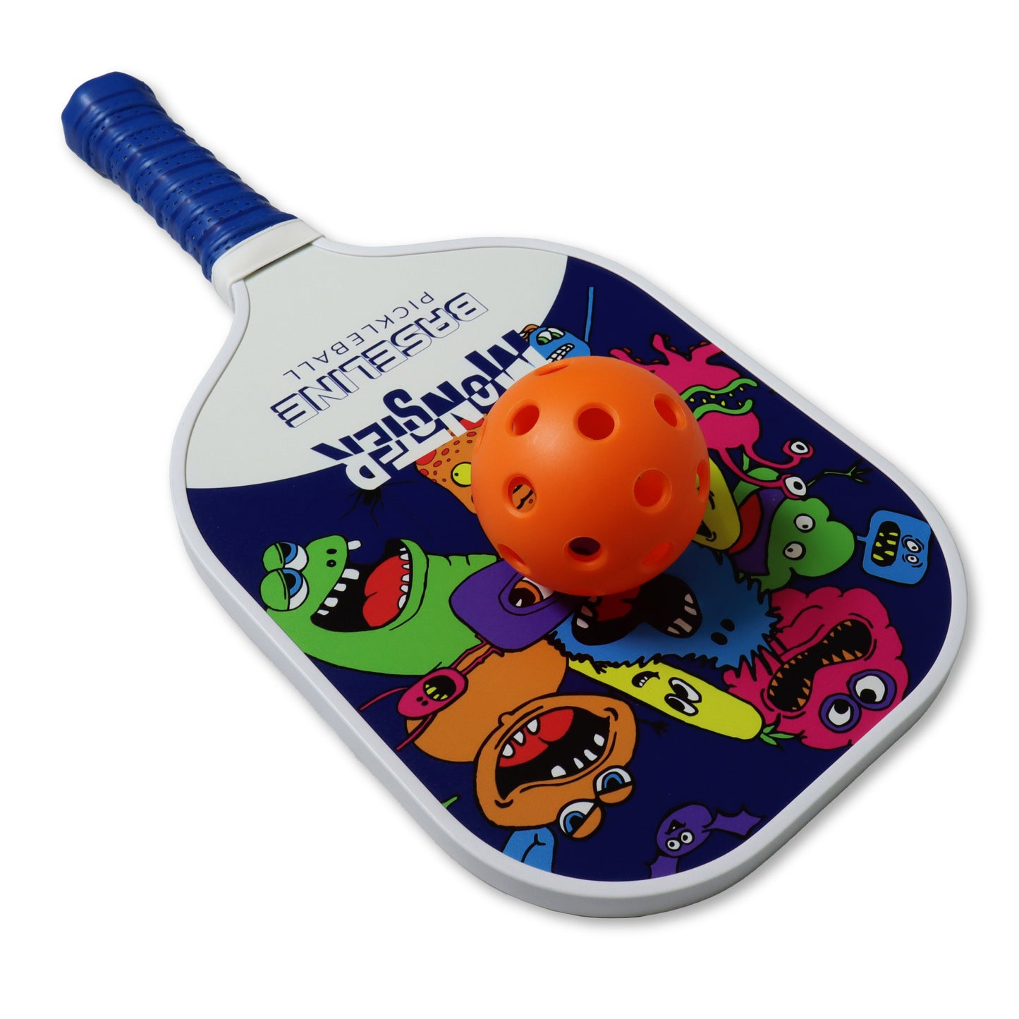 Orange Indoor Pickleball on a Monster Baseline pickleball Bat