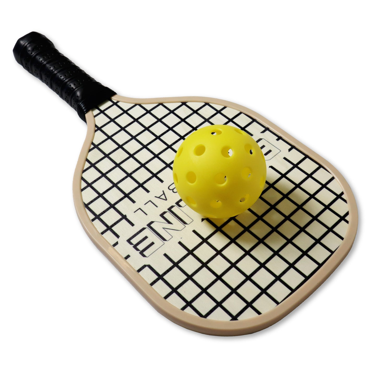 Yellow Outdoor Pickleball ball on a Wooden Pickleball Bat