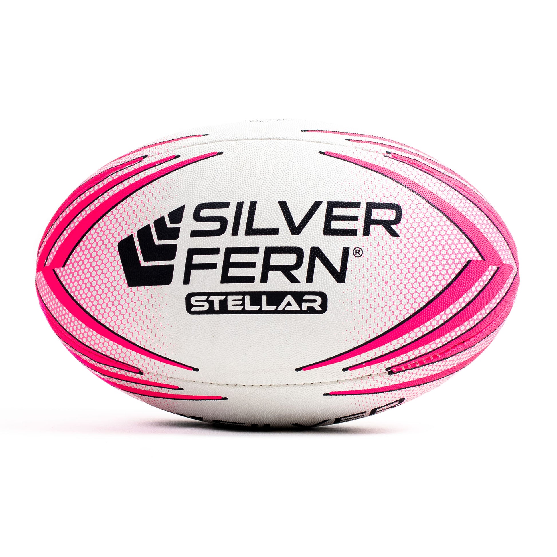 White rugby ball with pink accents and 'Silver Fern Stellar' branding on a white background