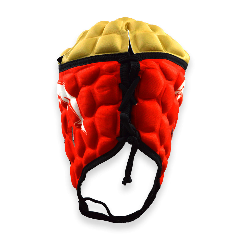 Red and yellow protective headgear on a white background
