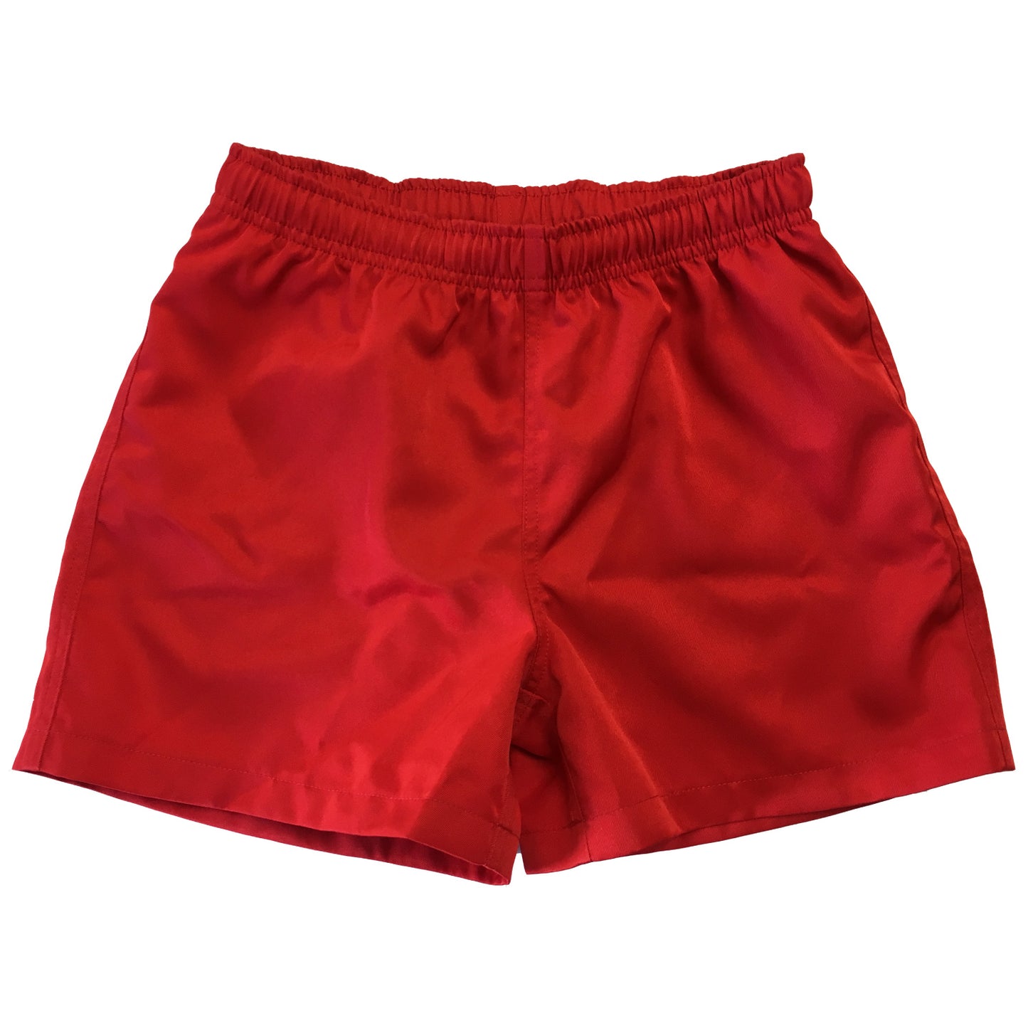 Silver Fern Red Rugby Shorts. Laying Flat. White Background.