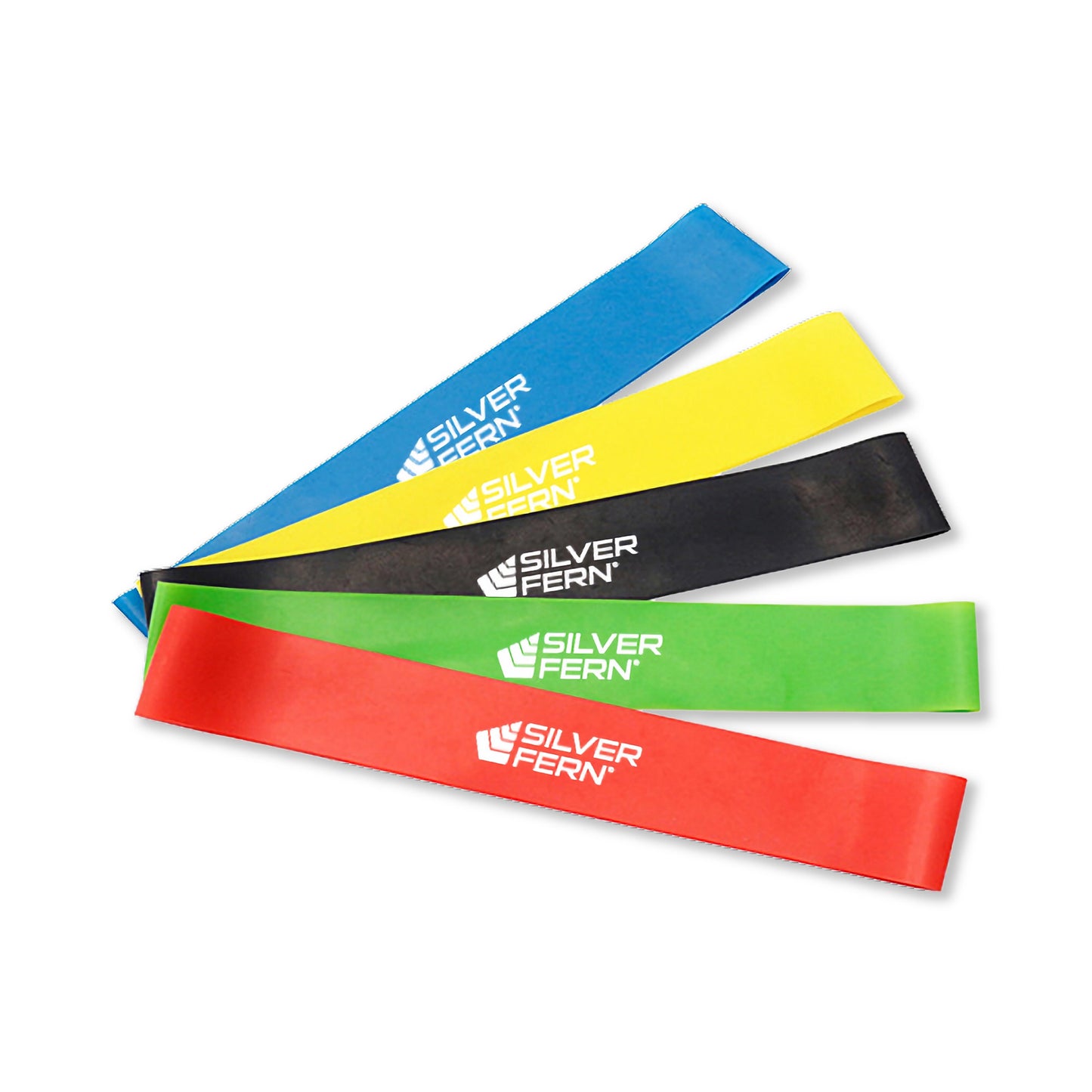 A Pack of 5 Light Resistance Bands, white background.