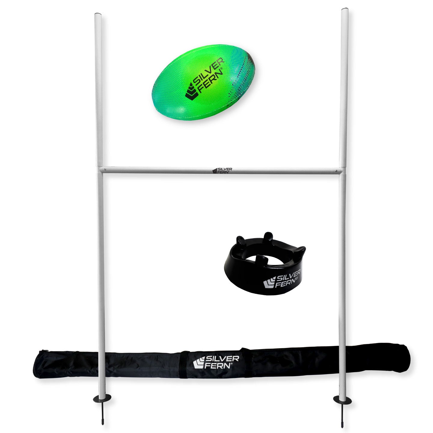 Junior Rugby Goal Post backyard combo, includes low kicking tee and size 4 rugby trainer ball, white background.