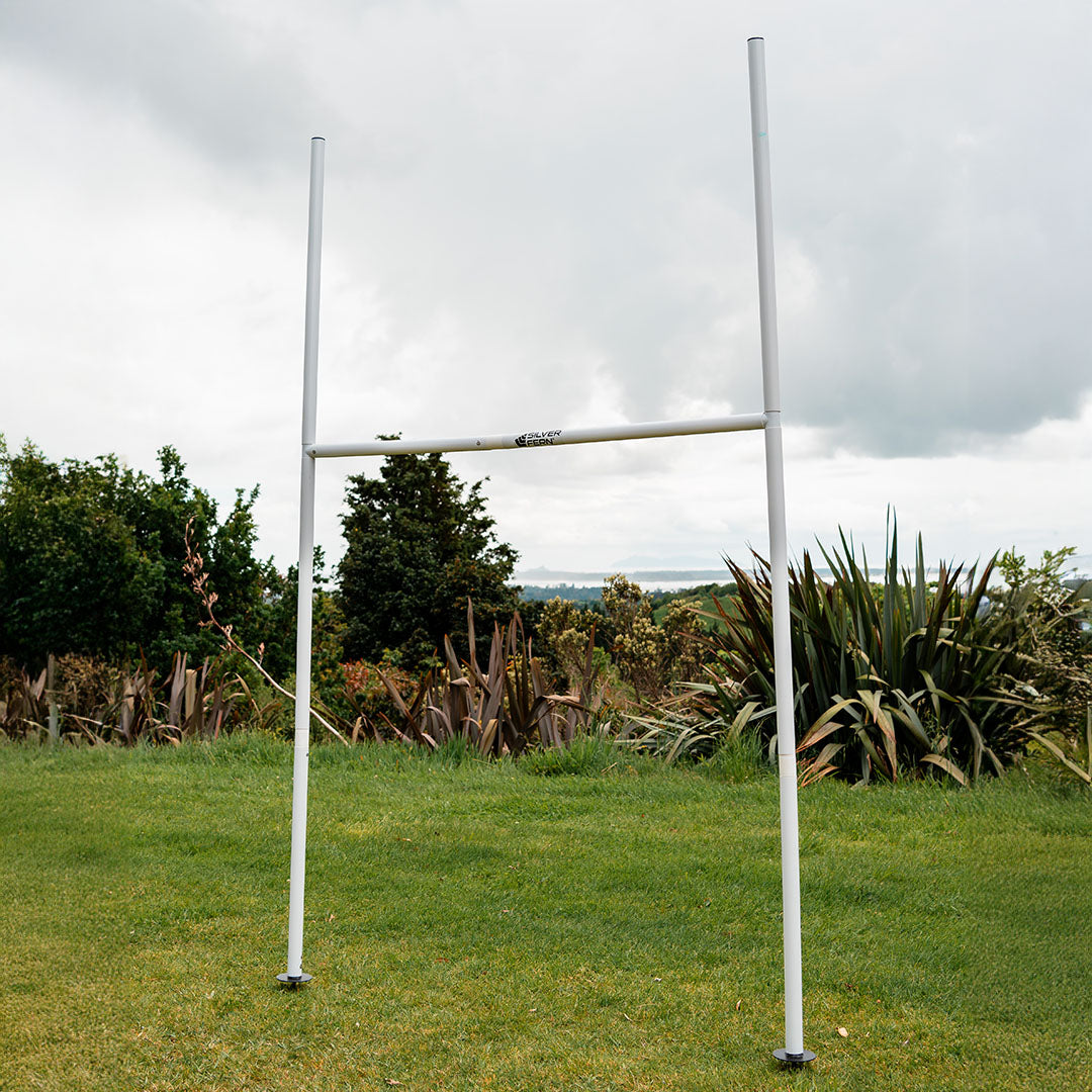 Silver Fern Rugby Junior Goal Post, assembled in a rugby grass field, lifestyle shot