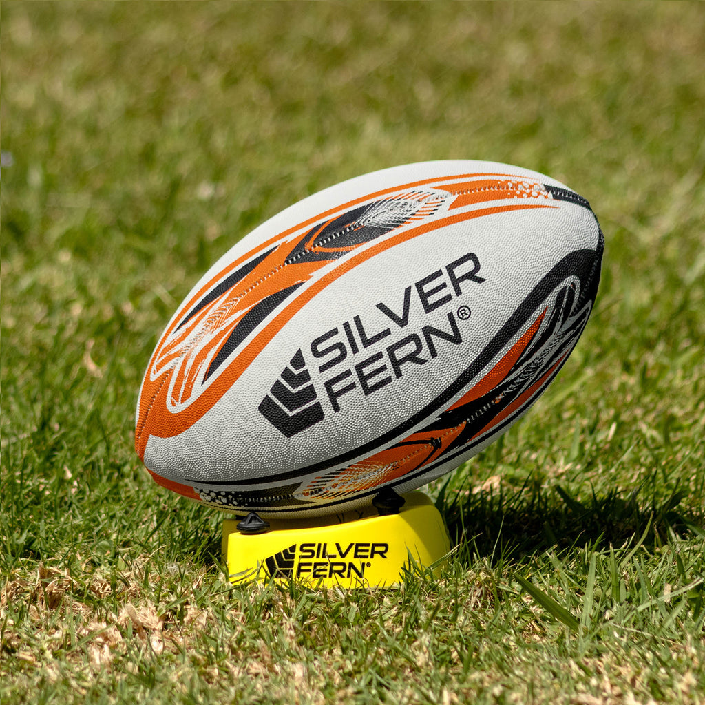 Silver Fern League Mini Trainer Size 3, Lifestyle shot, sitting on a kicking tee
