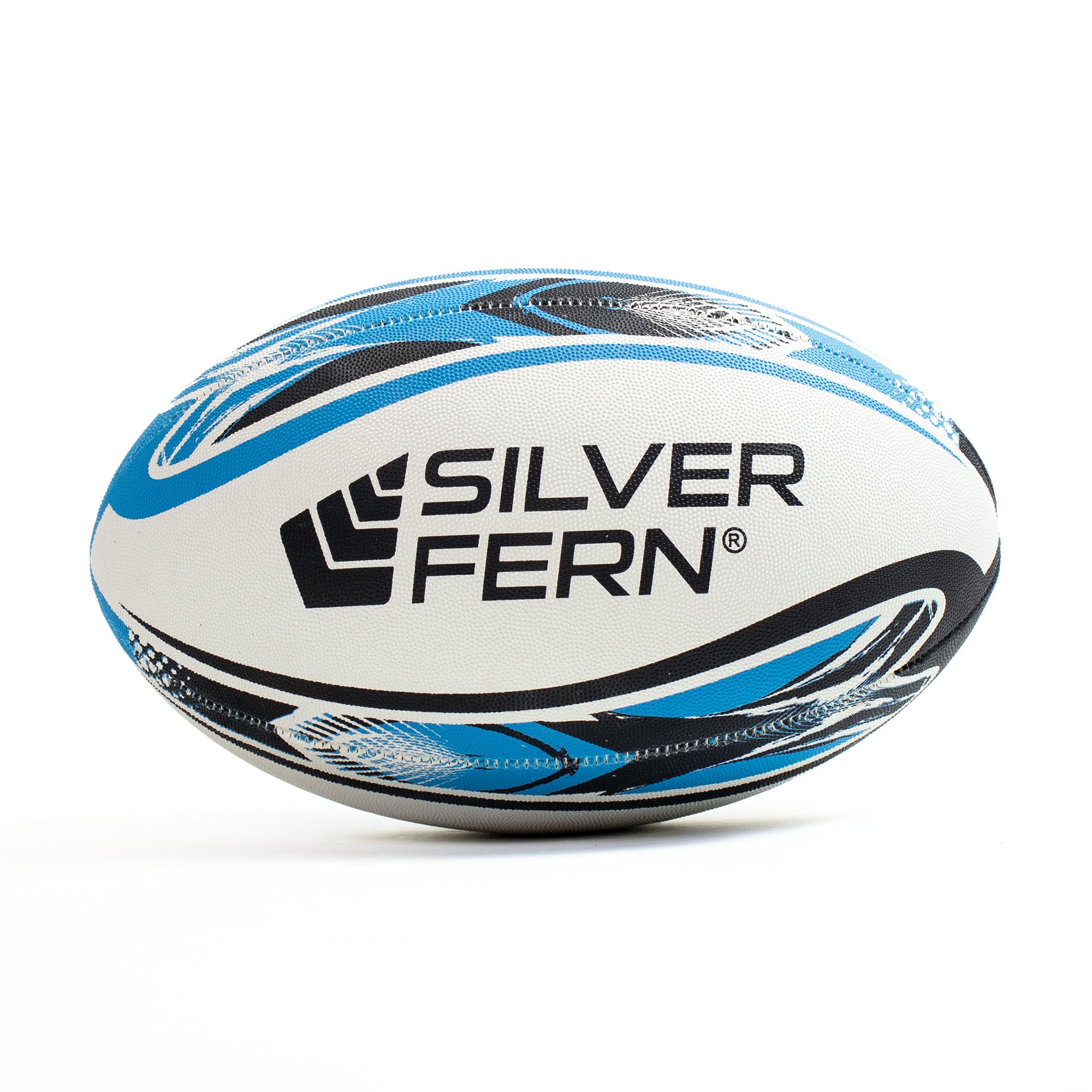 White rugby ball with blue and black patterns and Silver Fern logo on a white background