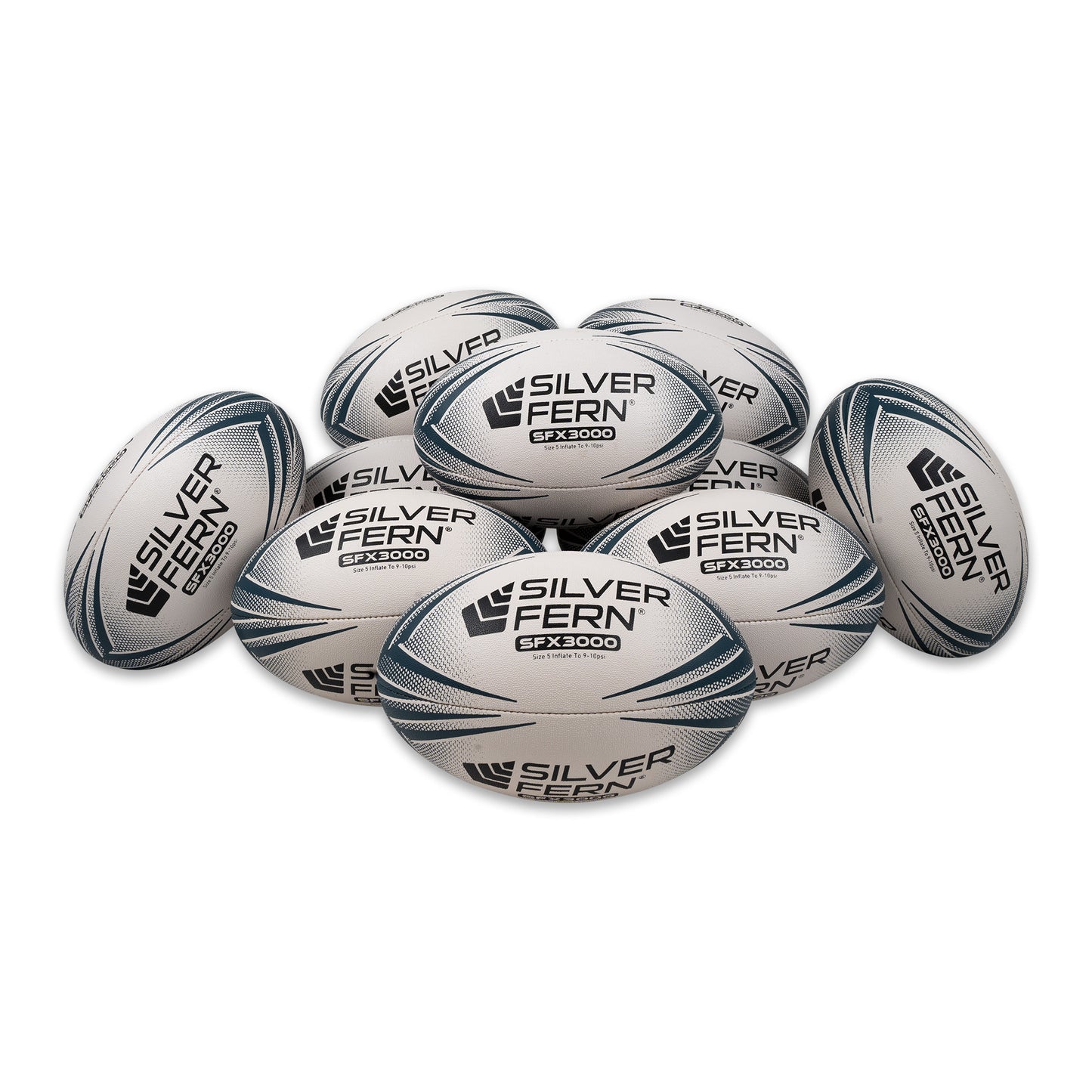 10 Ball Pack Silver Fern Rugby Match Ball SFX3000 Size 5, white background