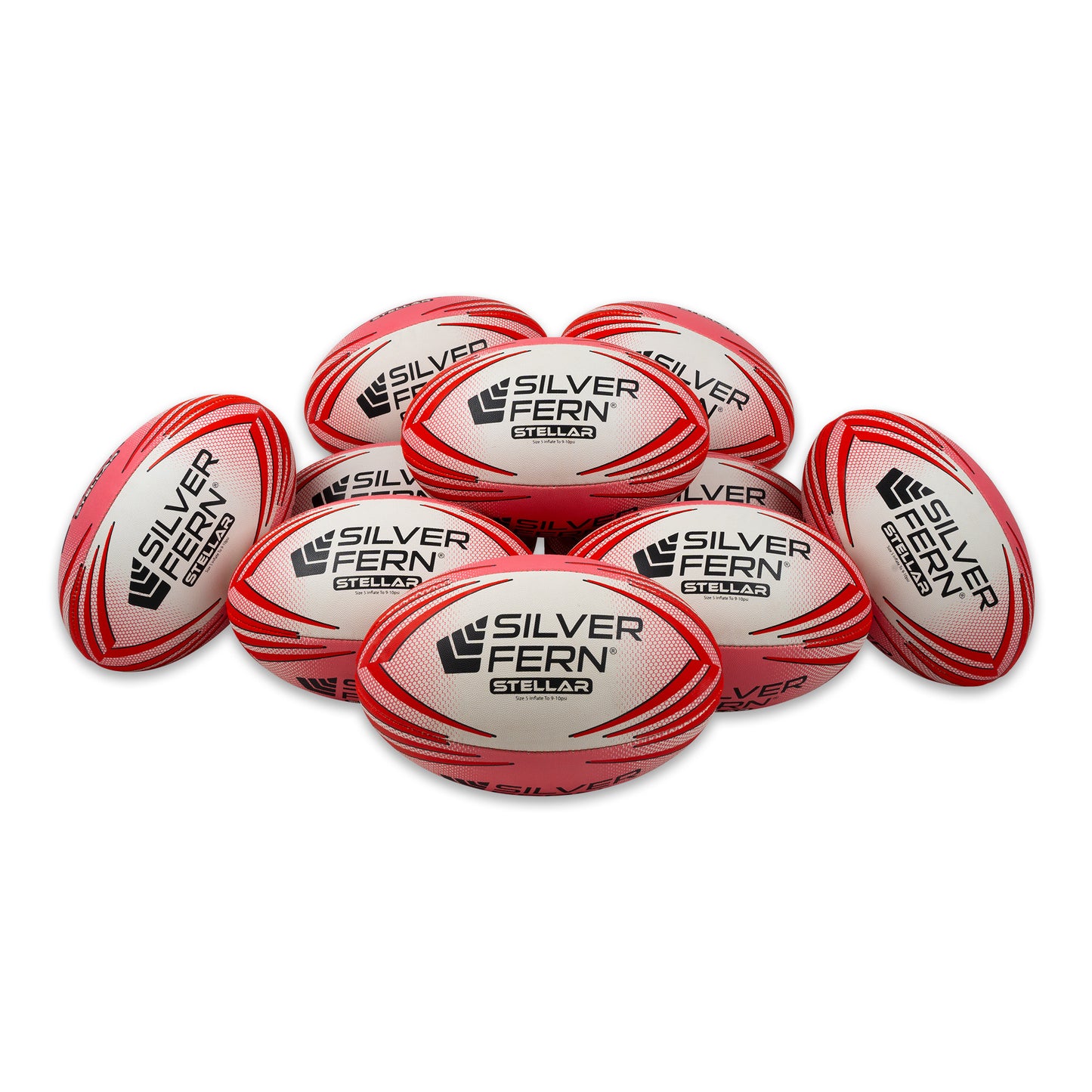 10 Ball Pack Silver Fern Rugby Premium Trainer Ball Stellar Size 5, white background