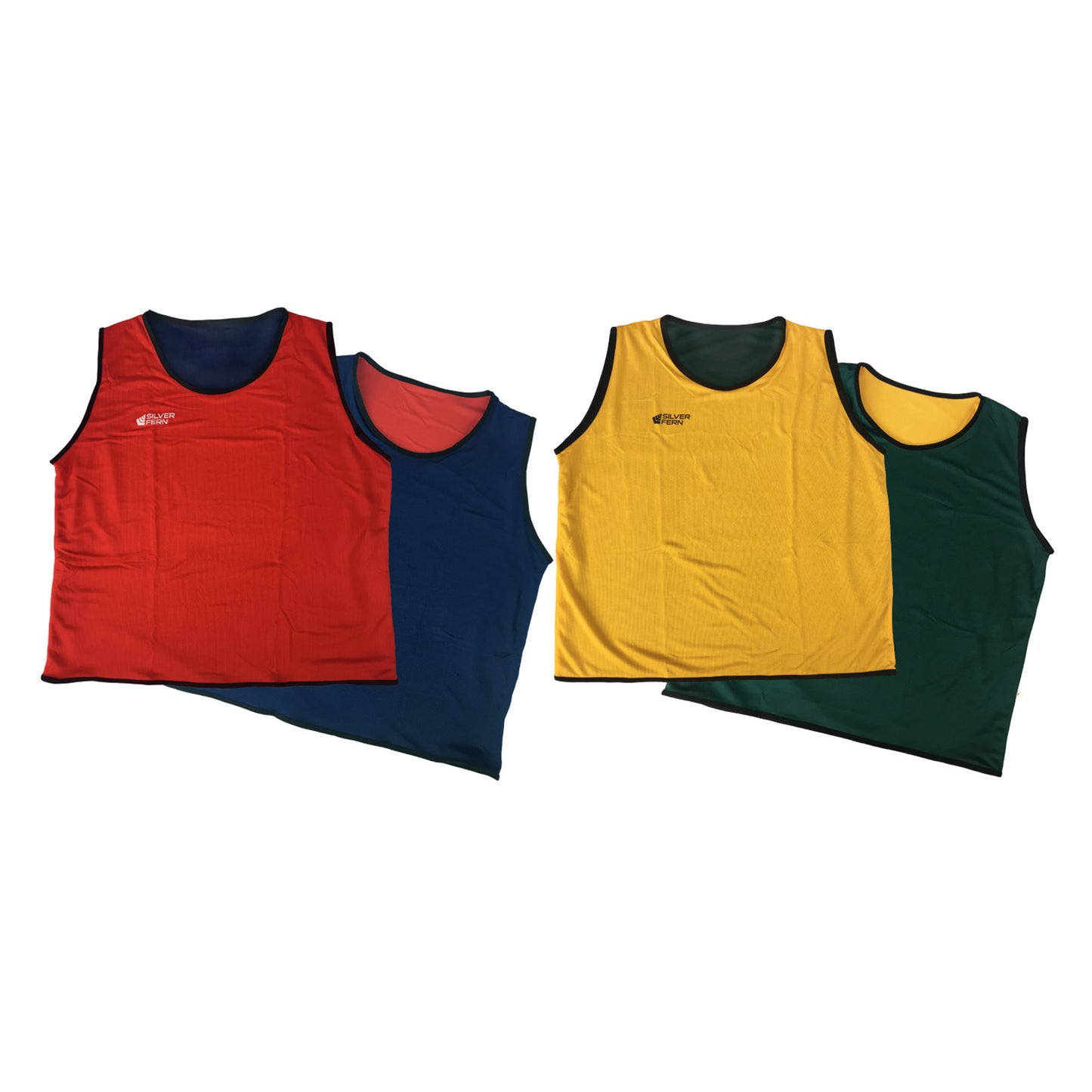 Silver Fern Reversible Rugby Tackle Bib Singlet. Yellow/Green and Red/Blue Colourway laying flat side by side. White Background.