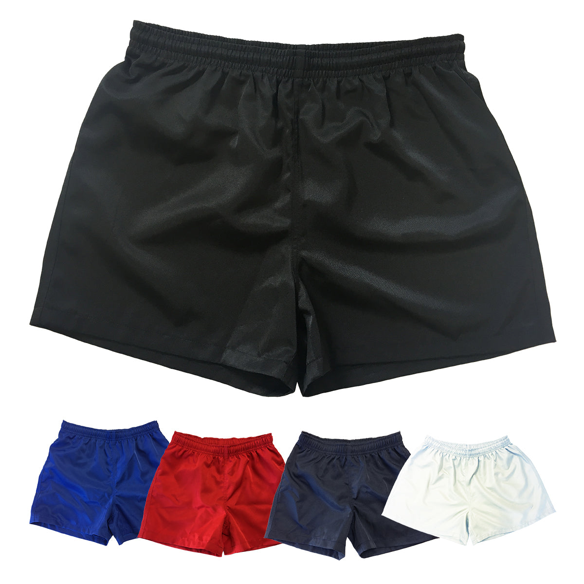 Silver Fern Rugby Shorts. All Colours Laying Flat, Black, Royal Blue, Red, Navy Blue and White. White Background.