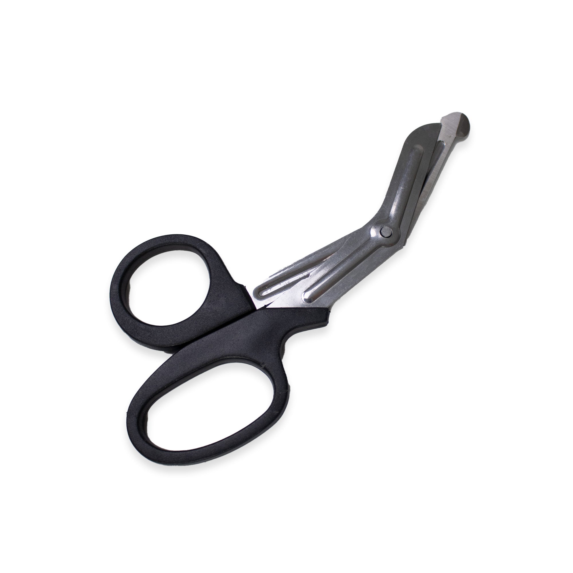 Pair of black-handled scissors on a white background