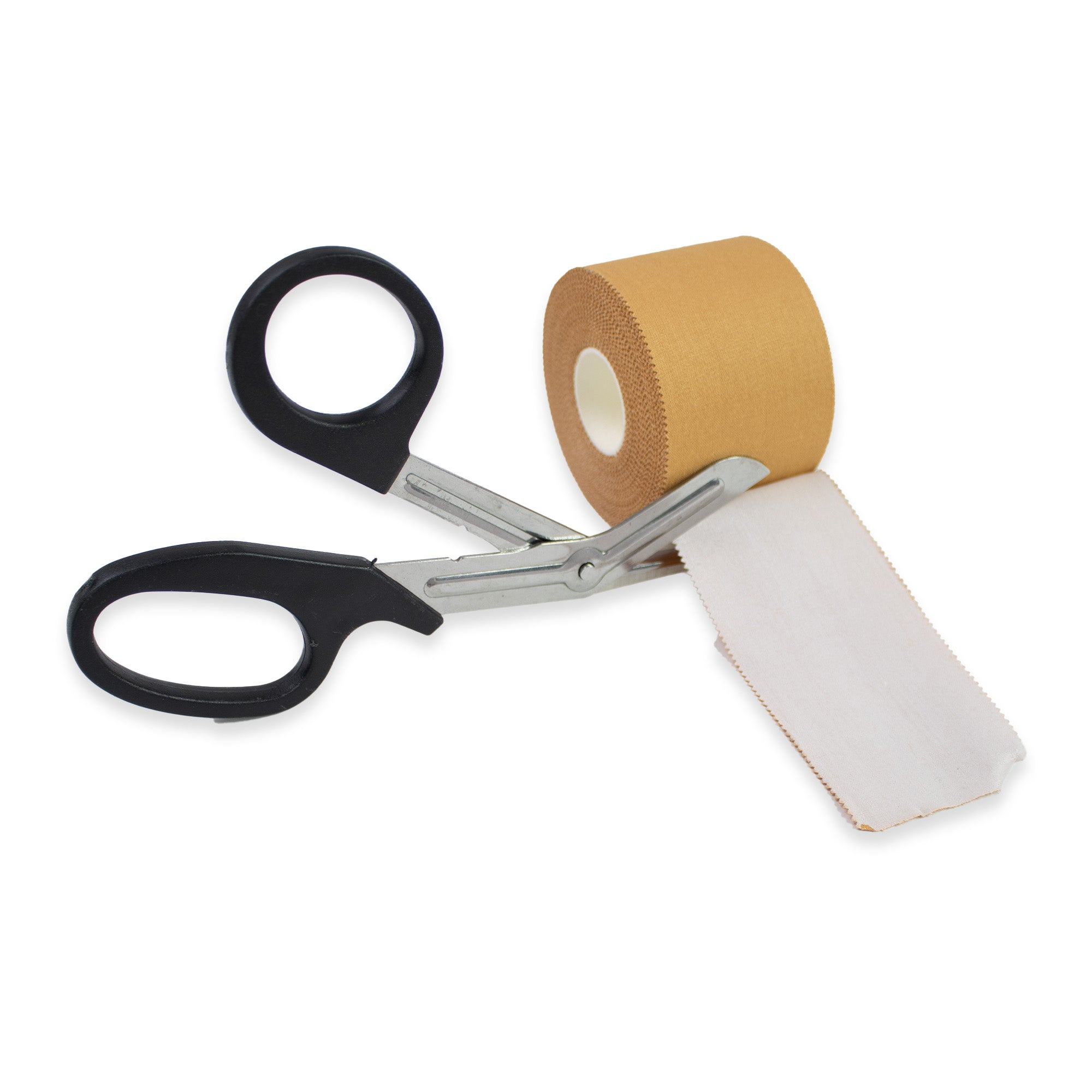 Pair of scissors with a roll of beige tape on a white background
