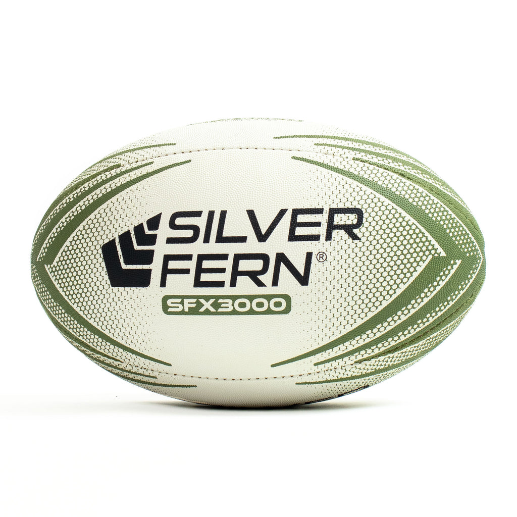 Green and white rugby ball with Silver Fern branding on a white background