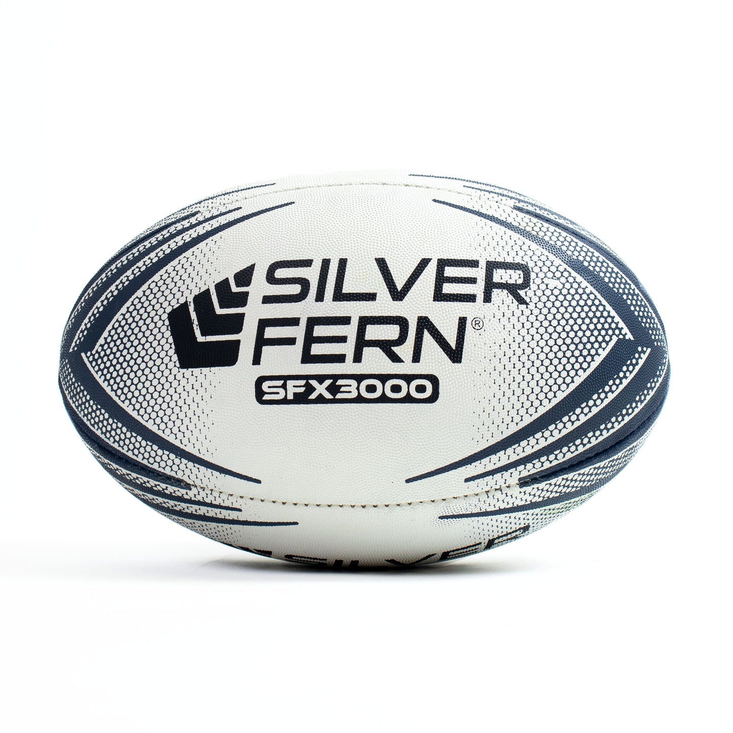 White rugby ball with blue patterns and 'Silver Fern' branding on a white background