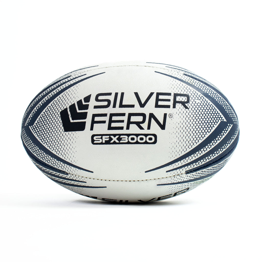 Silver Fern SFX3000 Rugby Match Ball, front, white background.