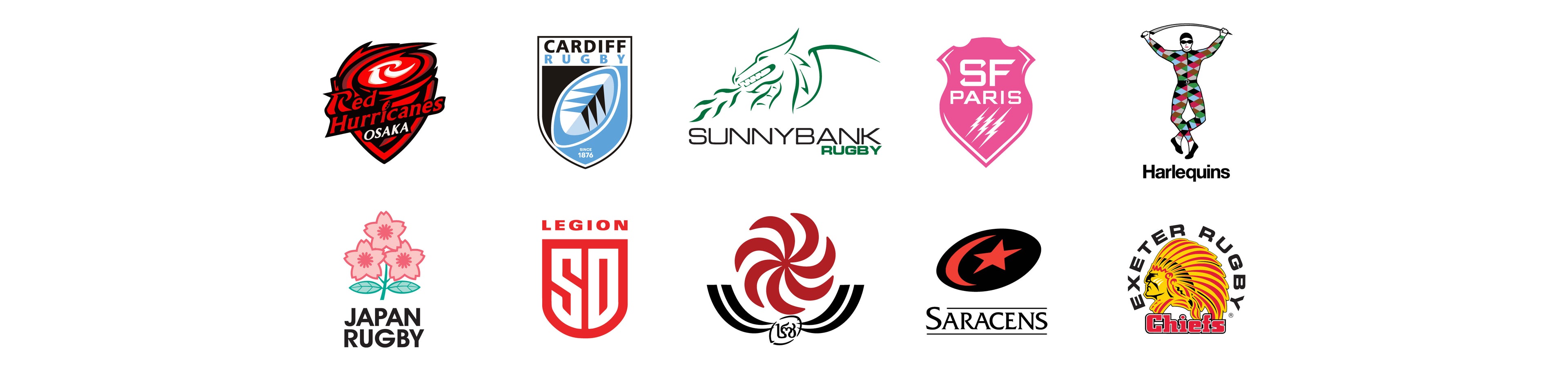 Live Scrum Machine Purchasers, Logo Montage. Red Hurricanes, Cardiff, Sunnybank, SF Paris, Harlequins, Japan Rugby, SD Legion, Georgia Rugby, Saracens, Exeter Chiefs