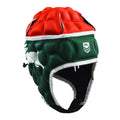 Green and red rugby helmet with a visible NRL logo on a white background