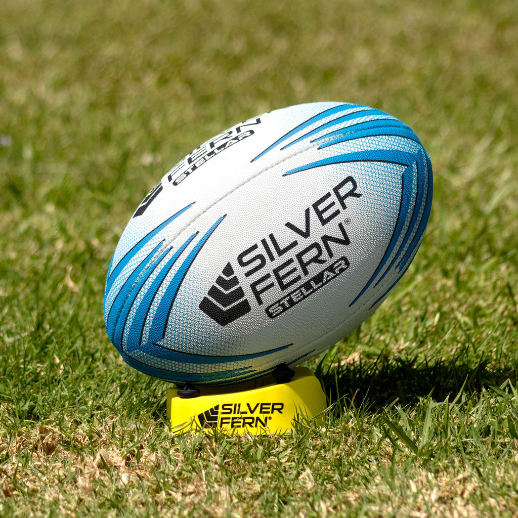 Silver Fern Stellar Premium Trainer Size 3, Lifestyle shot, sitting on a kicking tee