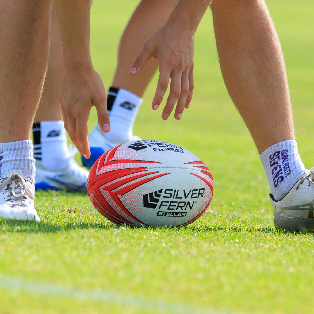 Silver Fern Rugby Premium Trainer Stellar Ball, Red, Size 5, front, lifestyle.