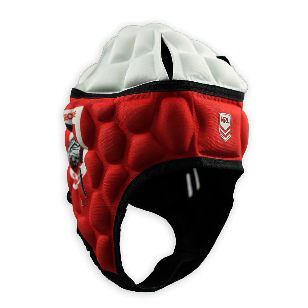 Red and white headguard with black accents on a white background