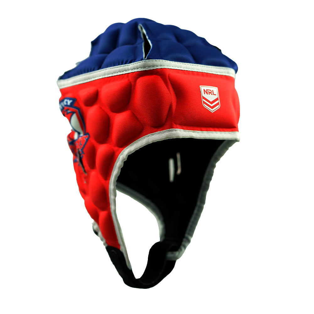 Red and blue rugby helmet with NRL logo on a white background