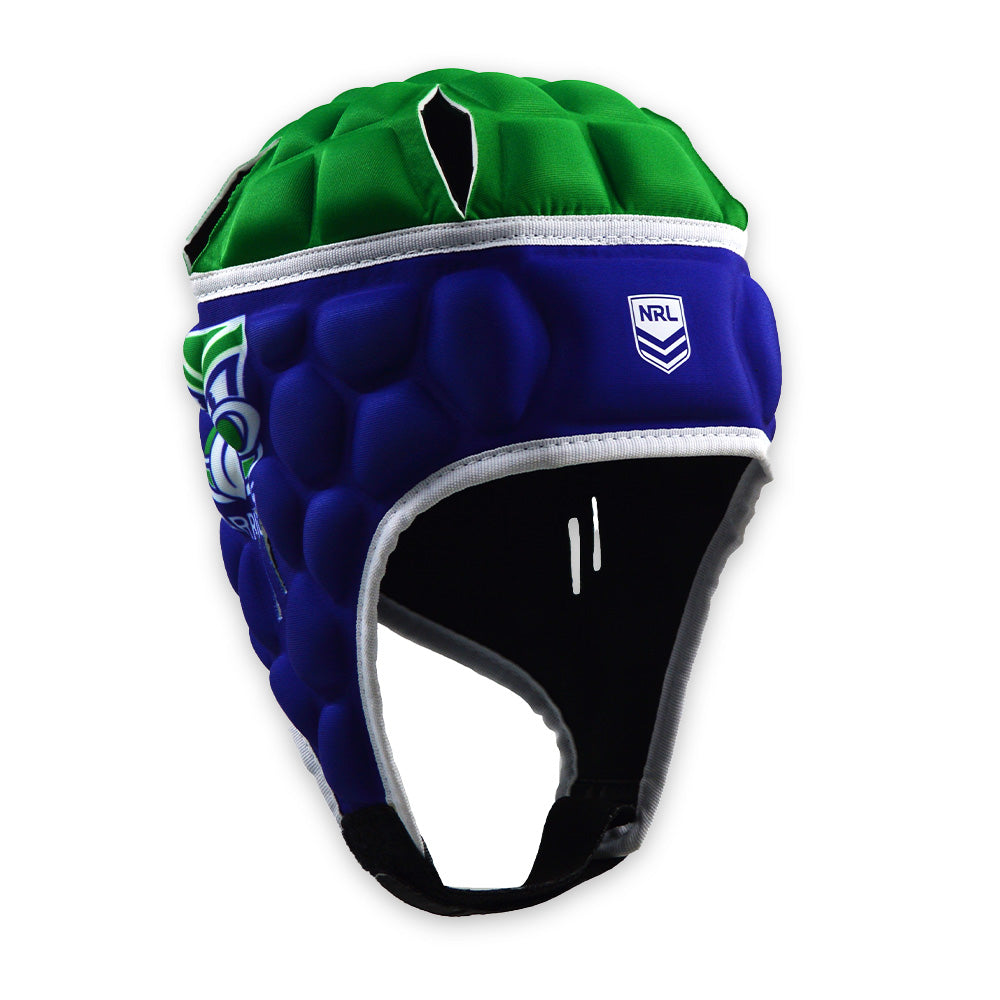 Blue and green rugby helmet with a logo on a white background