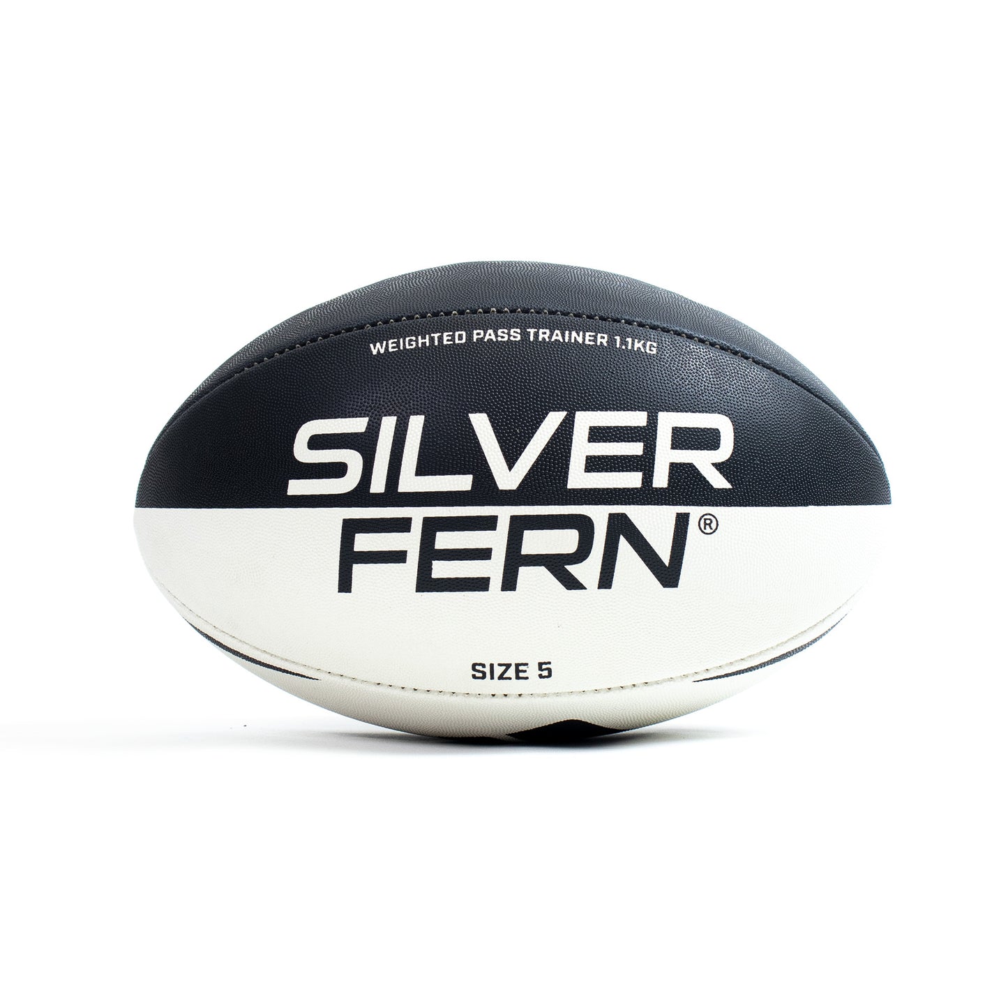 Black and white football with 'Silver Fern' branding on a white background