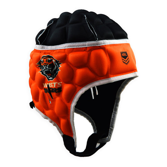 Orange and black helmet with padding on a white background