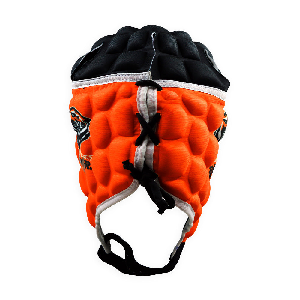 Orange and black protective helmet with padding on a white background