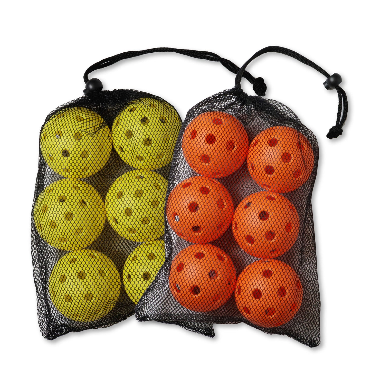 Yellow and Orange 6 pack of Indoor Pickleballs white background image. 